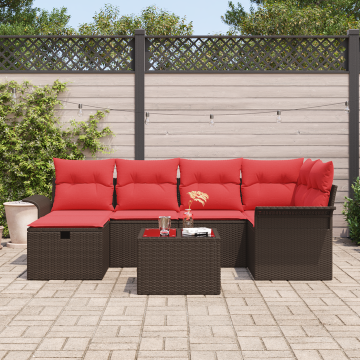 Havesofa Sæt med pude 7 pcs Brun og Rød polyrattan