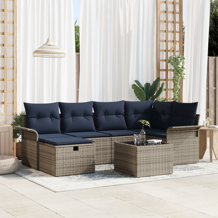 Havesofa Sæt med pude 7 pcs Grå og Marineblå polyrattan
