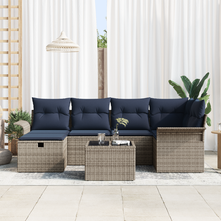 Havesofa Sæt med pude 7 pcs Grå og Marineblå polyrattan