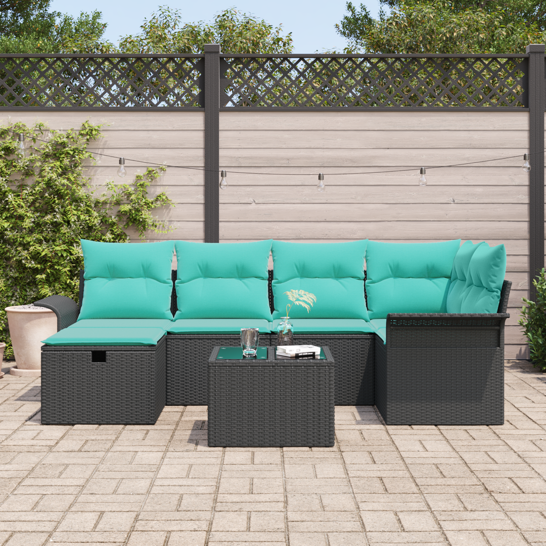 Havesofa Sæt med pude 7 pcs Sort og turkis polyrattan