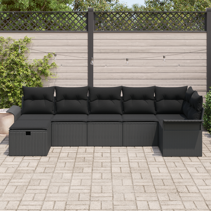 Havesofa Sæt med pude med opbevaring 7 pcs Sort polyrattan