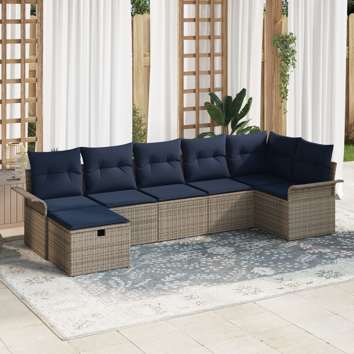 Havesofa Sæt med pude 7 pcs Grå og Marineblå polyrattan