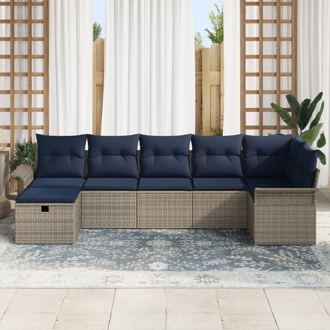 Havesofa Sæt med pude 7 pcs Grå og Marineblå polyrattan