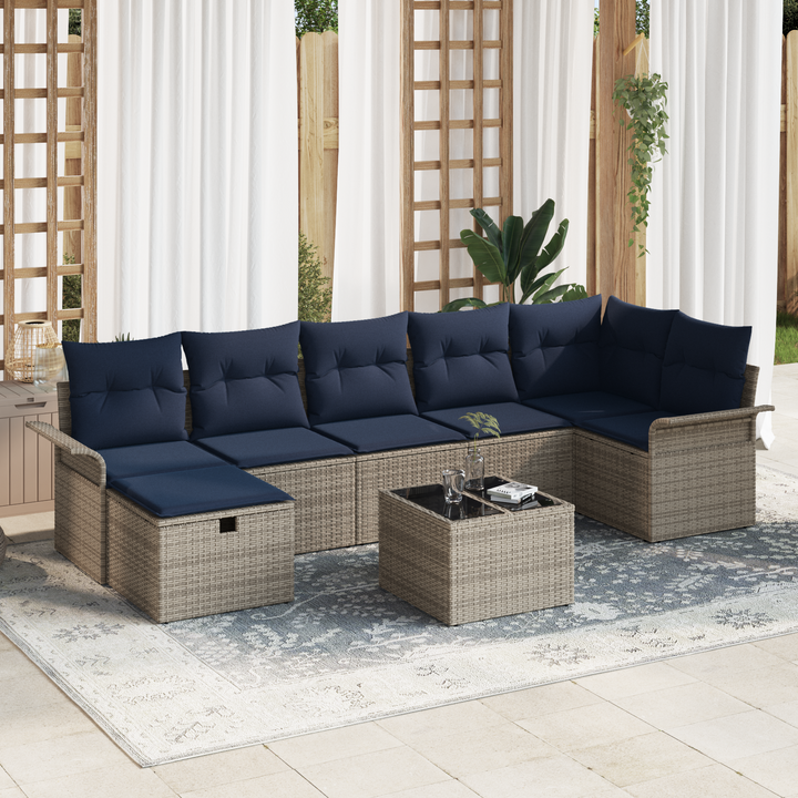 Havesofa Sæt med pude 8 pcs Grå og Marineblå polyrattan