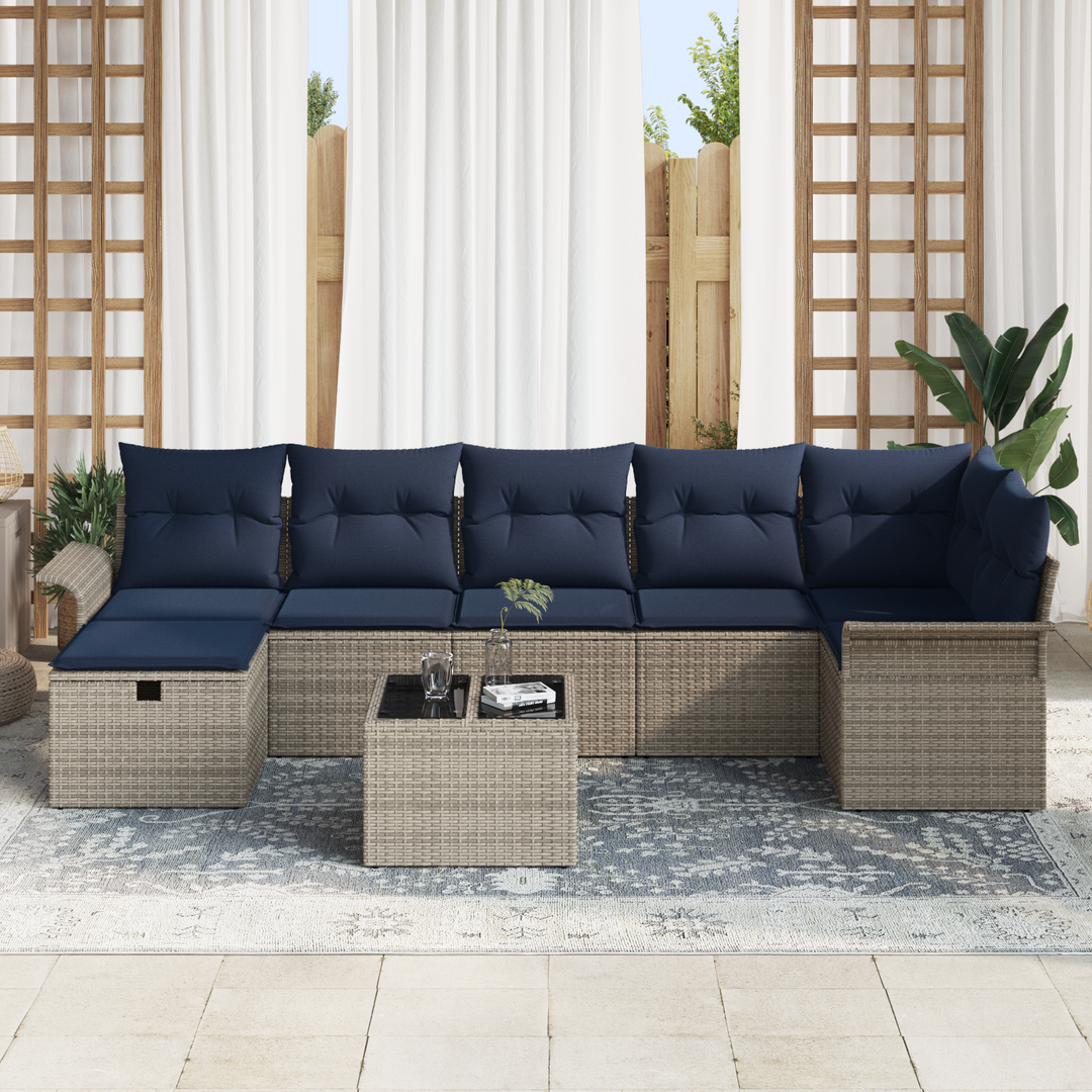 Havesofa Sæt med pude 8 pcs Grå og Marineblå polyrattan