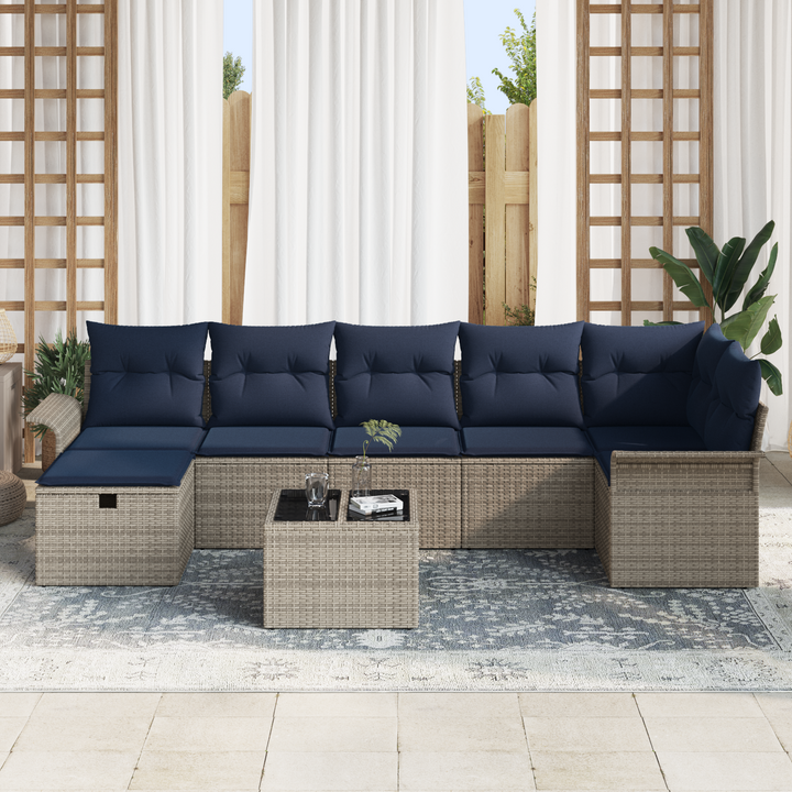 Havesofa Sæt med pude 8 pcs Grå og Marineblå polyrattan