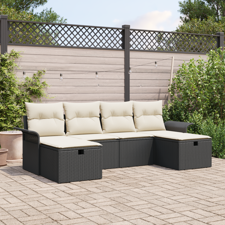 Havesofa Sæt med pude 6 pcs Sort og Cream polyrattan