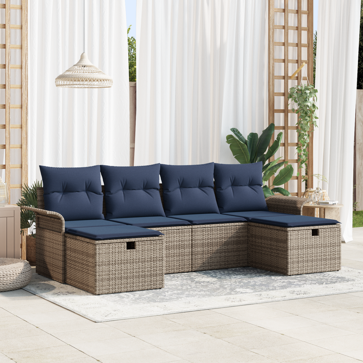 Havesofa Sæt med pude 6 pcs Grå og Marineblå polyrattan