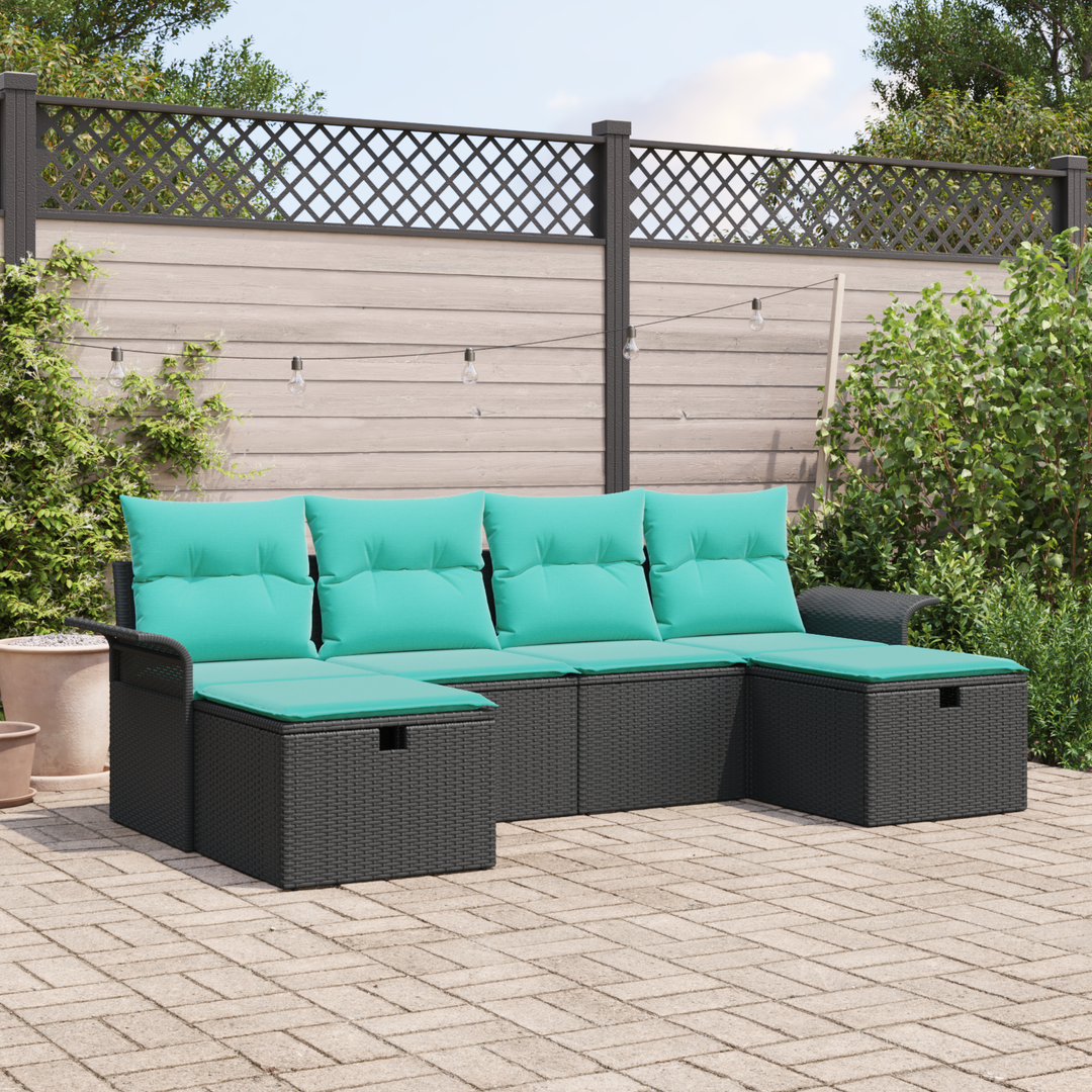 Havesofa Sæt med pude 6 pcs Sort og turkis polyrattan