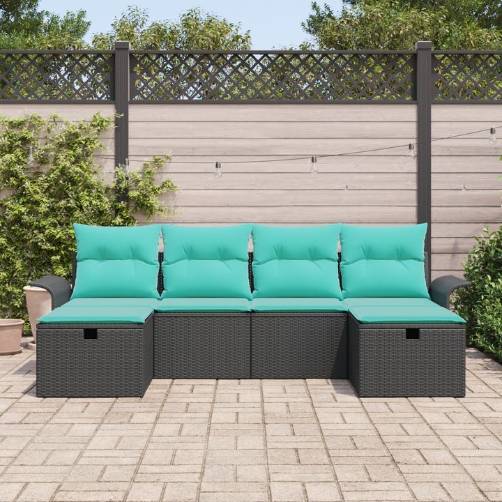 Havesofa Sæt med pude 6 pcs Sort og turkis polyrattan
