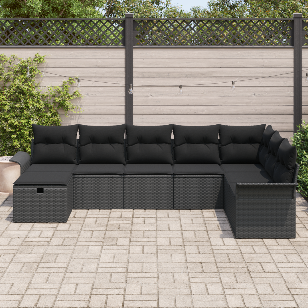 Havesofa Sæt med pude med opbevaring 8 pcs Sort polyrattan