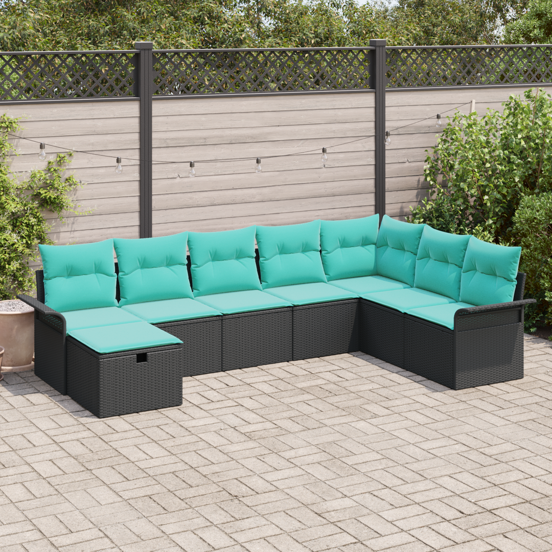 Havesofa Sæt med pude 8 pcs Sort og turkis polyrattan