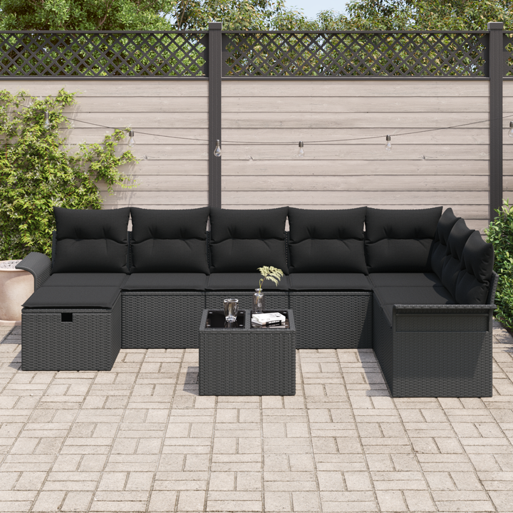 Havesofa Sæt med pude med opbevaring 9 pcs Sort polyrattan