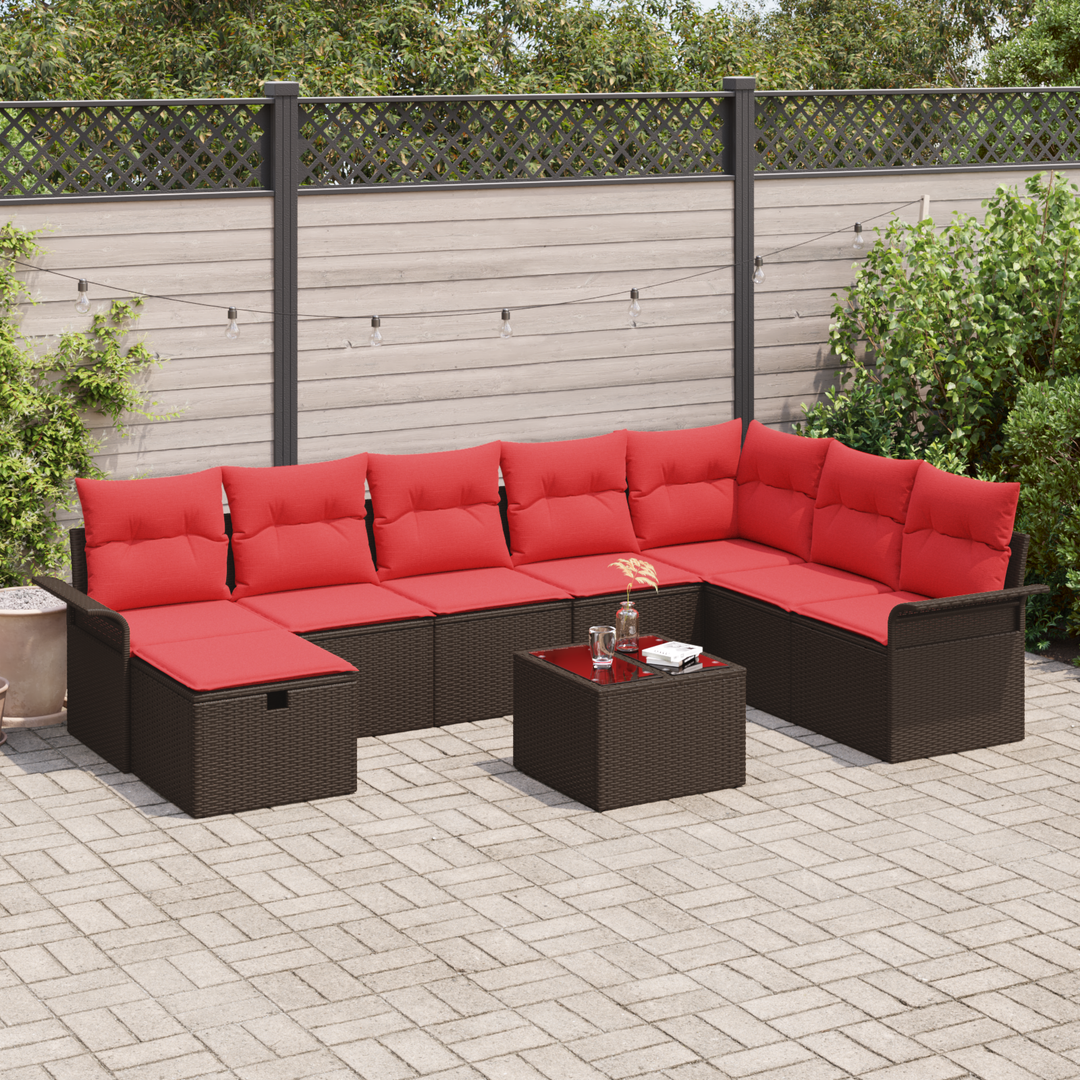 Havesofa Sæt med pude 9 pcs Brun og Rød polyrattan