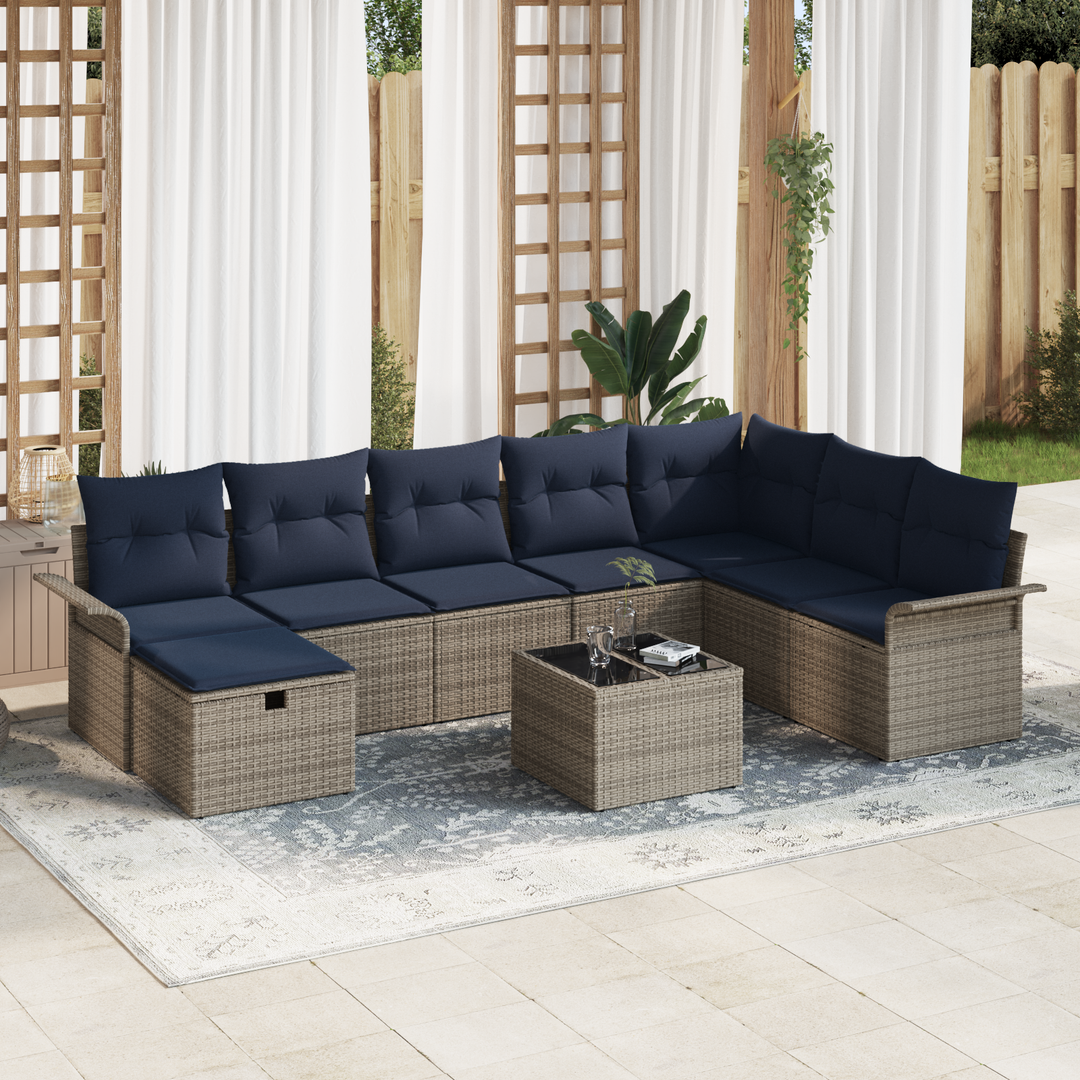 Havesofa Sæt med pude 9 pcs Grå og Marineblå polyrattan