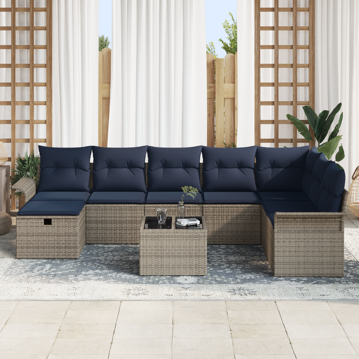 Havesofa Sæt med pude 9 pcs Grå og Marineblå polyrattan