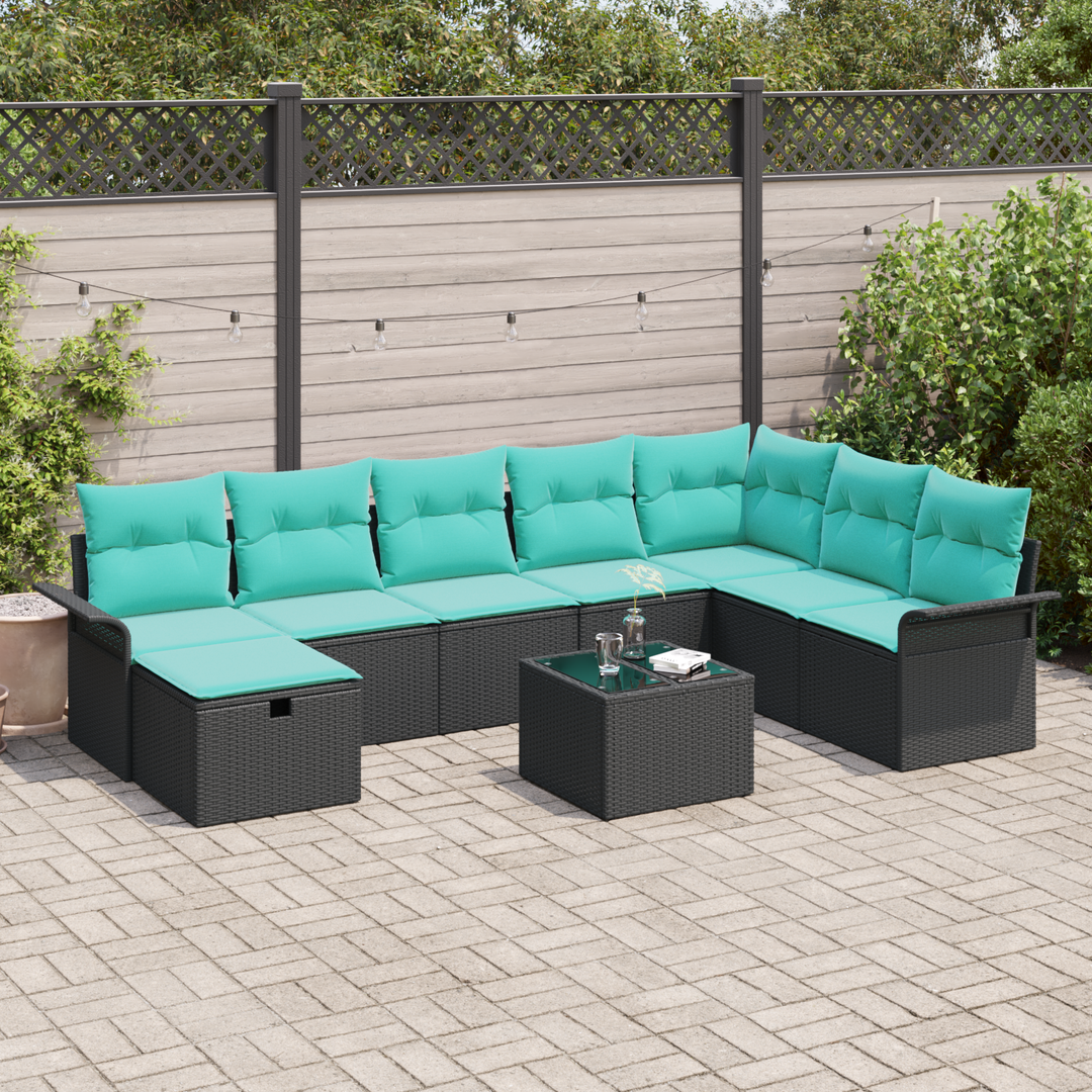 Havesofa Sæt med pude 9 pcs Sort og turkis polyrattan
