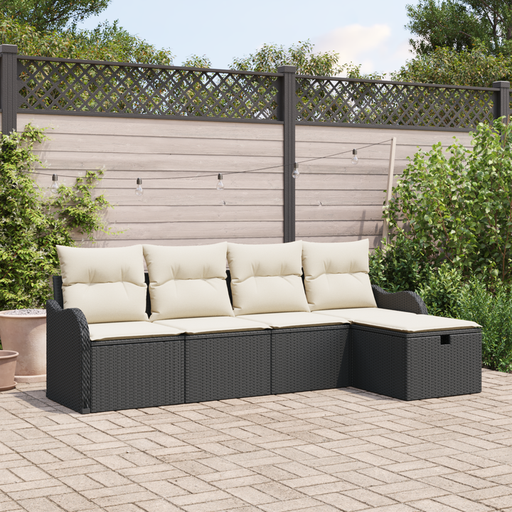 Havesofa Sæt med pude 5 pcs Sort og cremefarvet Poly rattan