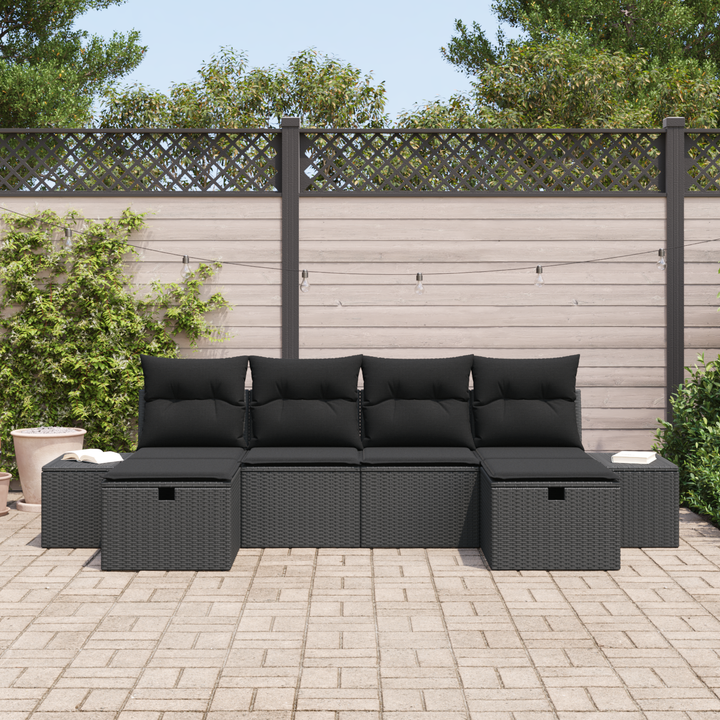 Havesofa Sæt med pude med opbevaring 6 pcs Sort polyrattan