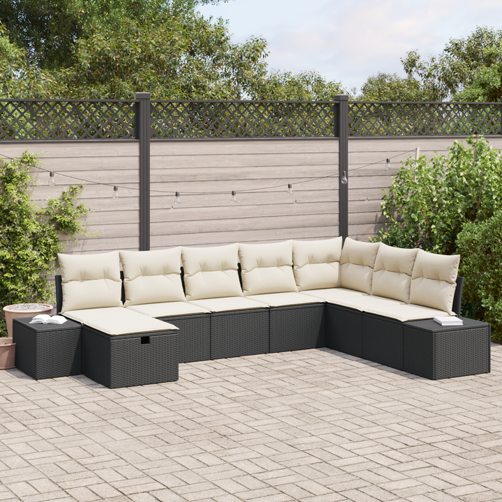 Havesofa Sæt med pude 8 pcs Sort Poly rattan