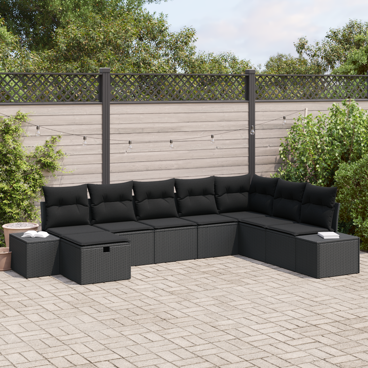 Havesofa Sæt med pude 8 pcs Sort Poly rattan