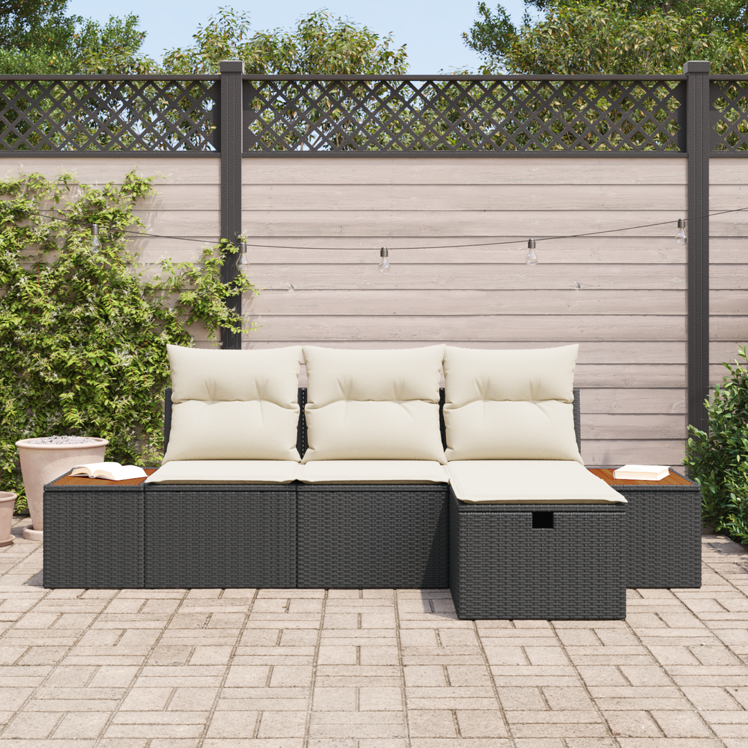 Havesofa Sæt med pude med opbevaring 4 pcs Sort polyrattan