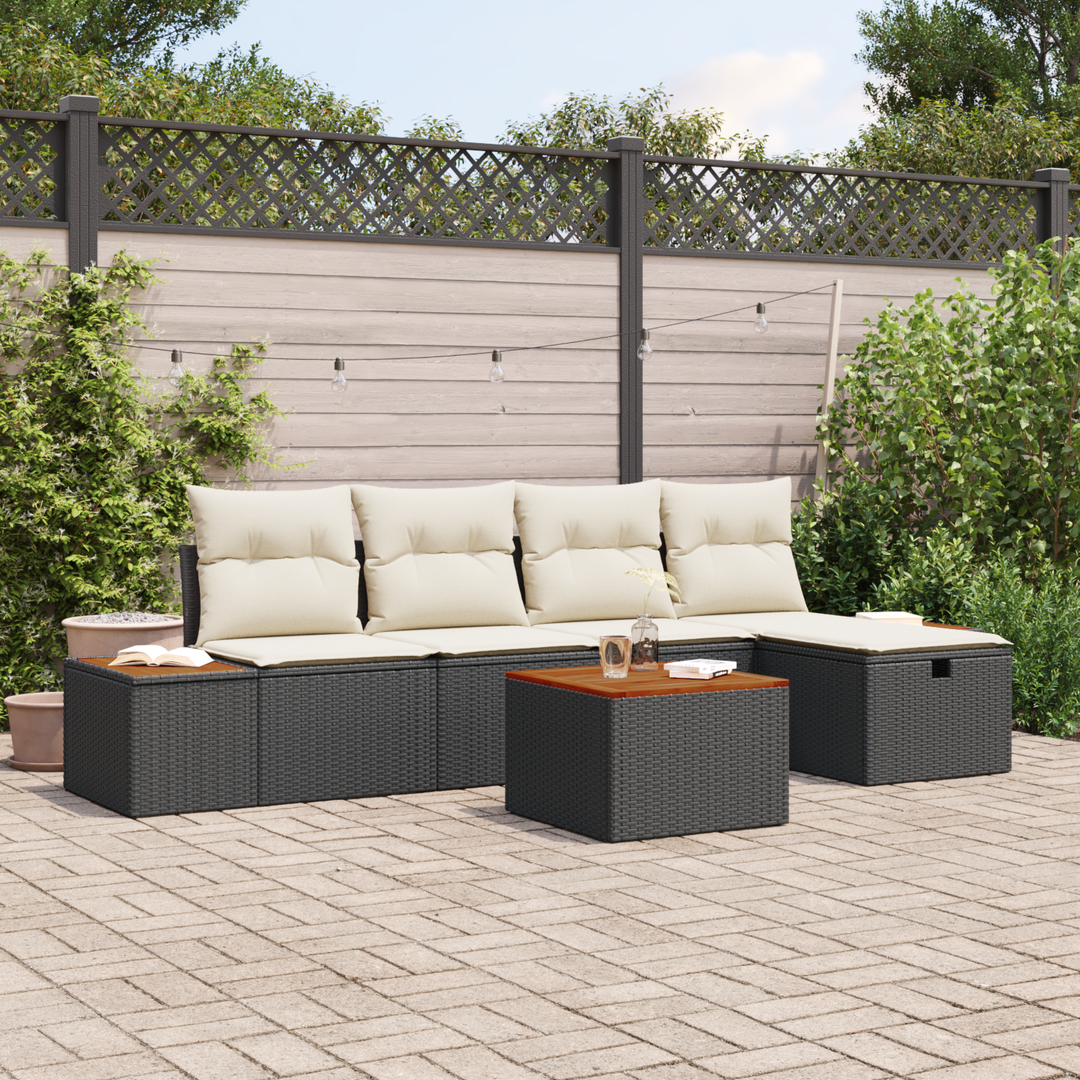 Havesofa Sæt med pude 6 pcs Sort Poly rattan
