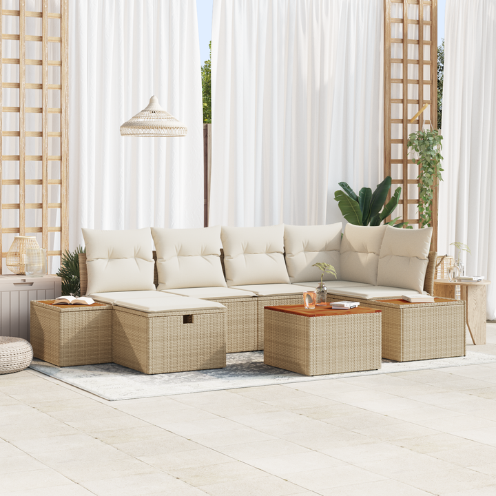 Havesofa Sæt med pude med opbevaring 7 pcs Beige polyrattan