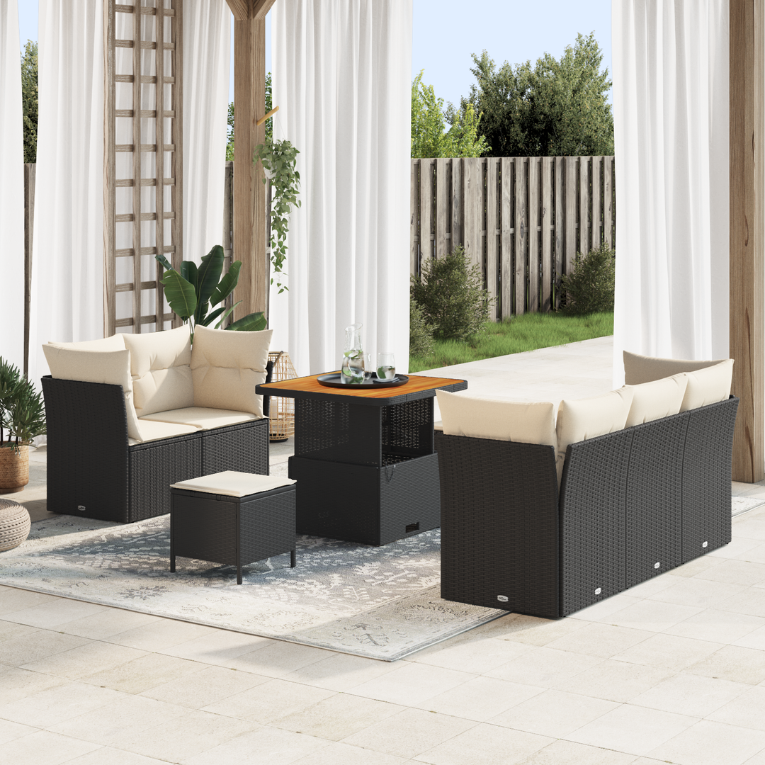 Havesofa Sæt med pude 8 pcs Sort og Cream polyrattan
