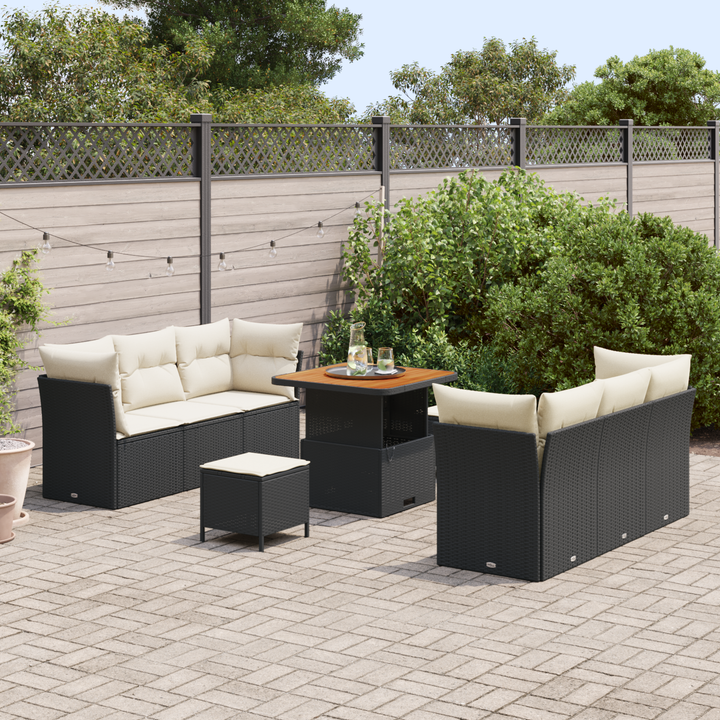 Havesofa Sæt med pude 9 pcs Sort og Cream polyrattan