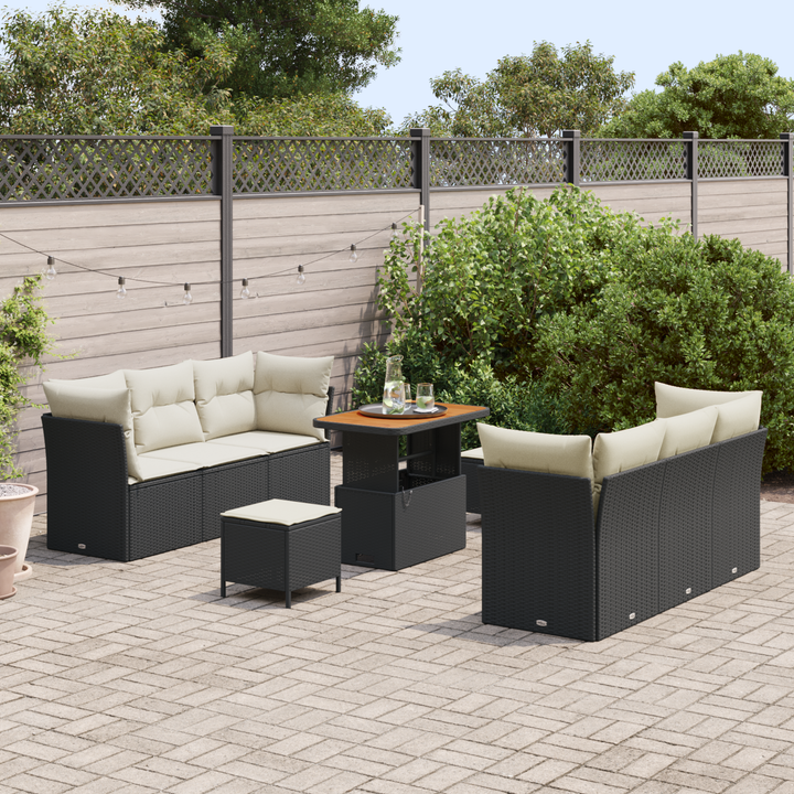 Havesofa Sæt med pude 9 pcs Sort og Cream polyrattan
