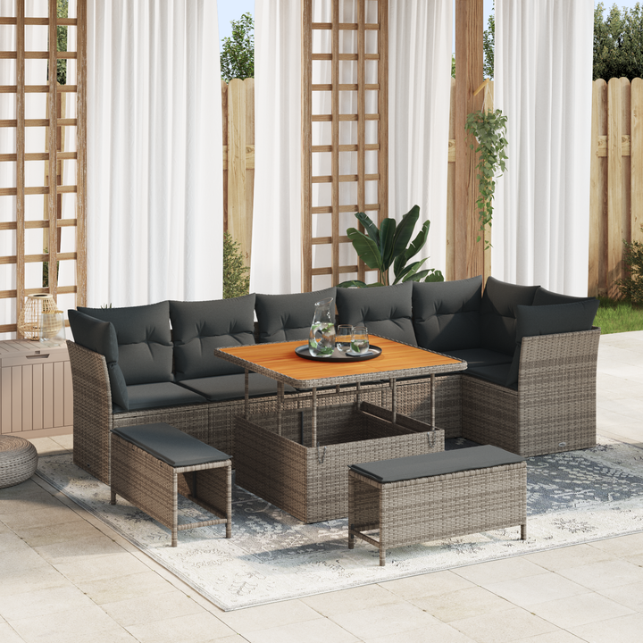Havesofa Sæt 9 pcs Grå Poly rattan og pulverlakeret stål