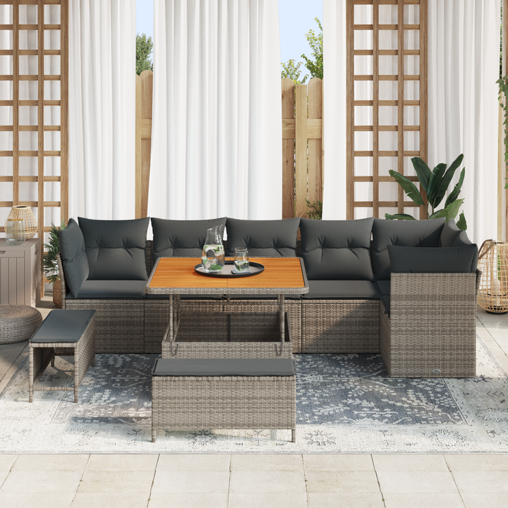 Havesofa Sæt 9 pcs Grå Poly rattan og pulverlakeret stål