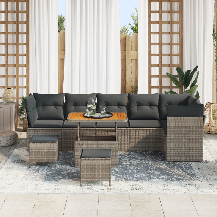 Havesofa Sæt 9 pcs Grå Poly rattan og pulverlakeret stål