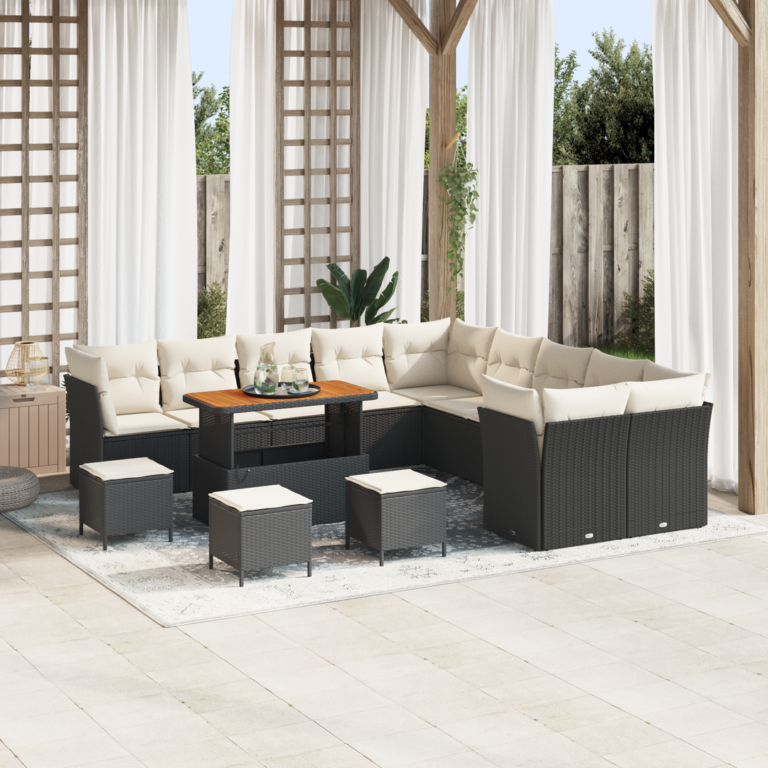 Havesofa Sæt med pude 14 pcs Sort og Cream polyrattan