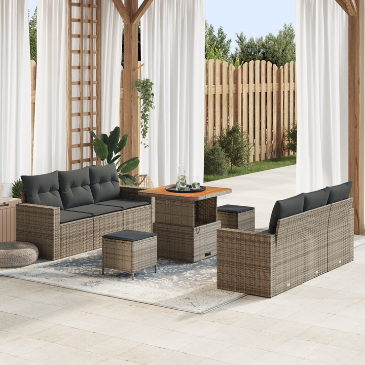 Havesofa Sæt 9 pcs Grå Polyrattan og pulverlakeret stål