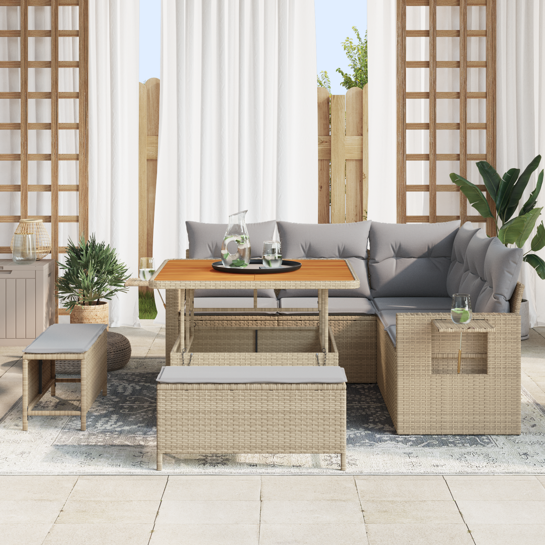 Havesofa Sæt med pude 9 pcs Beige og lys grå polyrattan