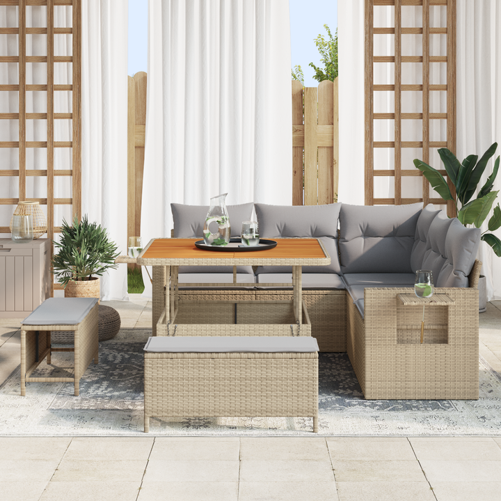 Havesofa Sæt med pude 9 pcs Beige og lys grå polyrattan