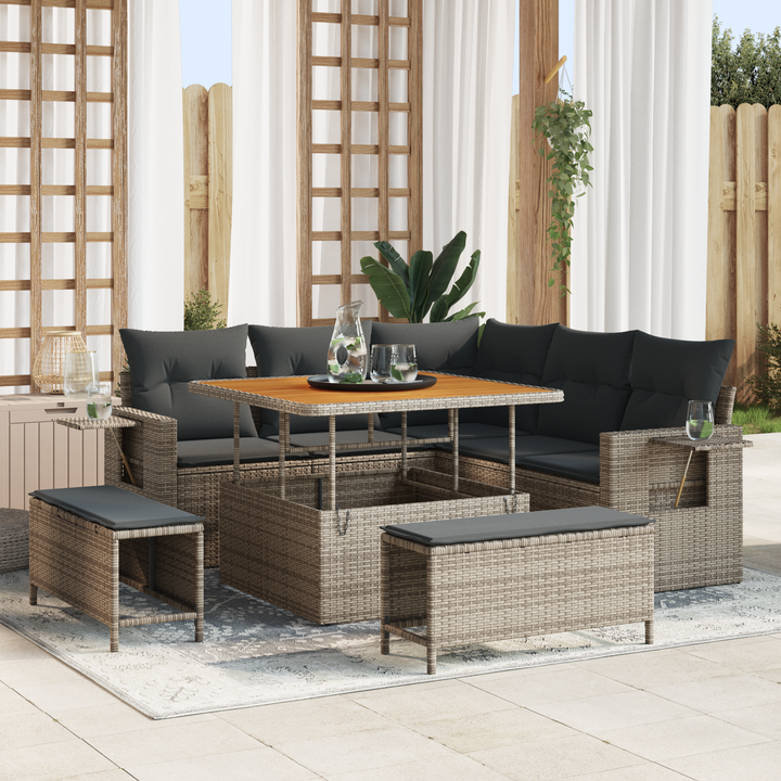 Havesofa Sæt med pude 9 pcs Grå polyrattan