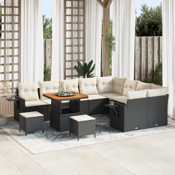 Havesofa Sæt med pude 12 pcs Sort og Cream polyrattan