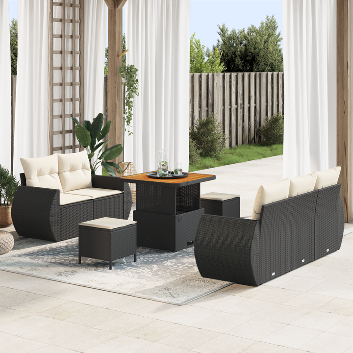 Havesofa Sæt med pude med pude 8 pcs Sort og Cream polyrattan
