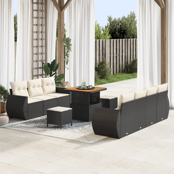 Havesofa Sæt med pude med pude 10 pcs Sort og Cream polyrattan