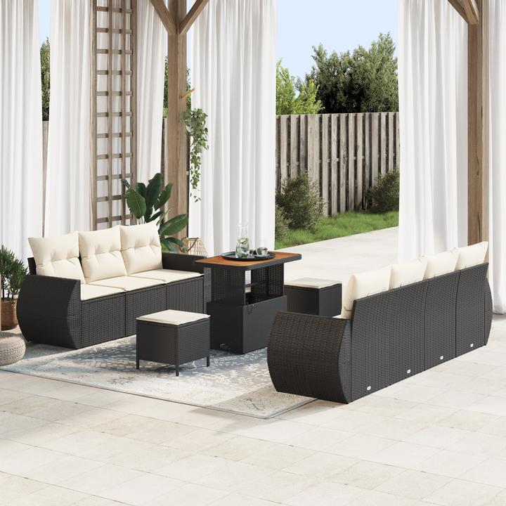Havesofa Sæt med pude med pude 10 pcs Sort og Cream polyrattan