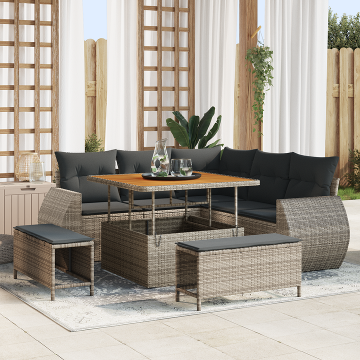 Havesofa Sæt med pude med opbevaring 8 pcs Grå polyrattan