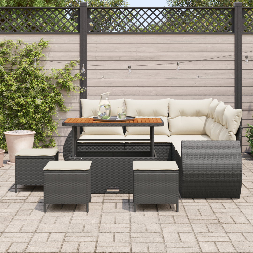 Havesofa Sæt med pude med pude 9 pcs Sort og Cream polyrattan