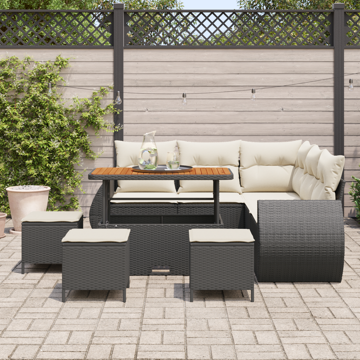 Havesofa Sæt med pude med pude 9 pcs Sort og Cream polyrattan