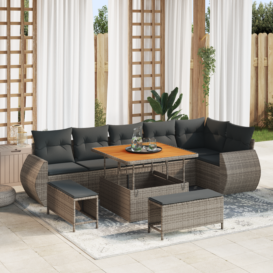 Havesofa Sæt med pude med opbevaring 9 pcs Grå Poly Rattan