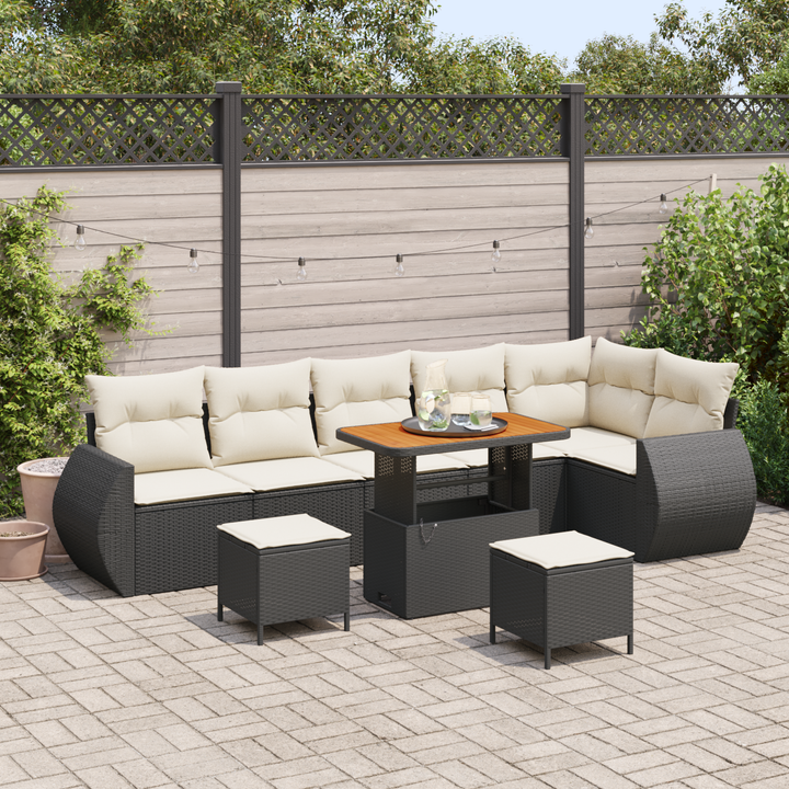 Havesofa Sæt med pude med pude 9 pcs Sort og Cream Poly Rattan