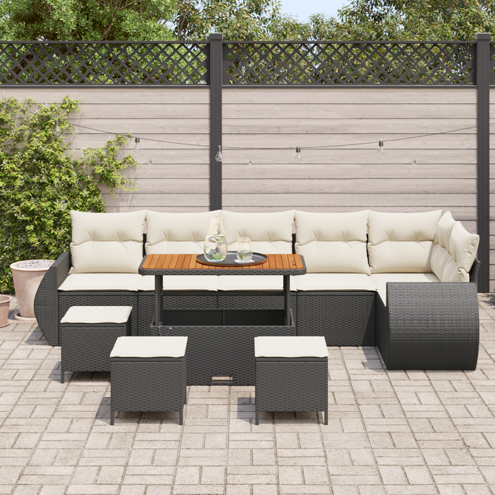 Havesofa Sæt med pude med pude 10 pcs Sort og Cream Poly Rattan