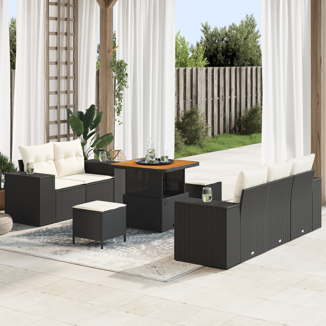 Havesofa Sæt med pude med pude 8 pcs Sort og Cream Poly Rattan